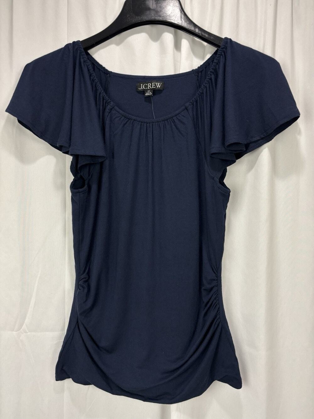 J Crew Navy Blue Flutter Sleeve Scoop Neck Runched Sides Top XS Preppy Feminine